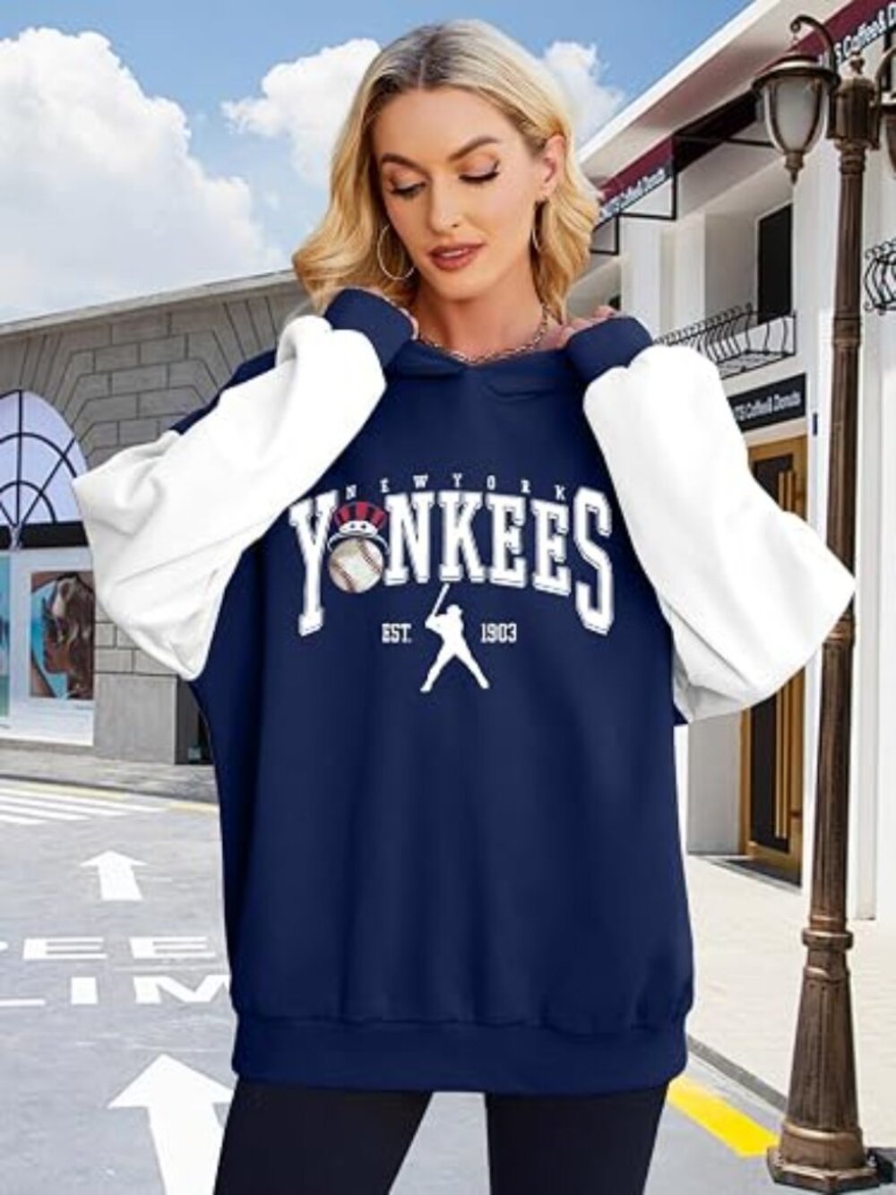 Bangely Women's New York Yankees Logo Navy Hoodie White Sleeves Sweatshirt-XL
